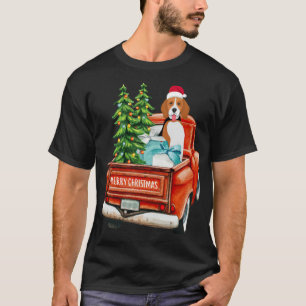 Beagle Dog Riding Red Truck Christmas T-Shirt