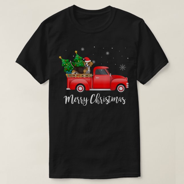 Beagle Dog Riding Red Truck Christmas  T-Shirt (Design Front)