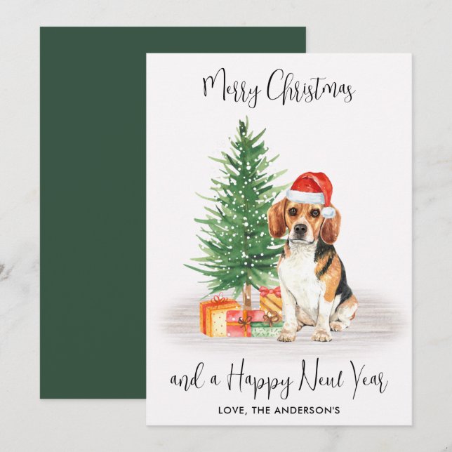 Beagle Dog Santa Festive Tree Merry Christmas Holiday Card (Front/Back)