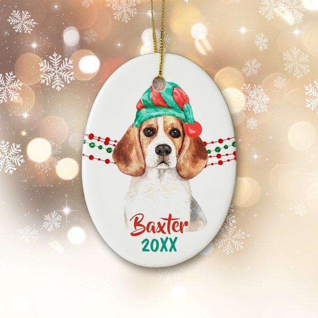 Beagle Dog Santa Hat Holiday String Beads Ceramic Ornament (Creator Uploaded)