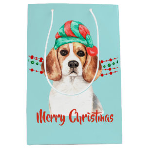 Beagle Dog Santa Hat Holiday String Beads Medium Gift Bag