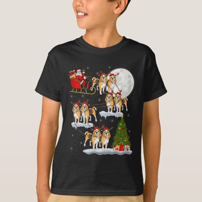 Beagle Dog Santa Sleigh Flying Funny Magical Chris T-Shirt (Front)