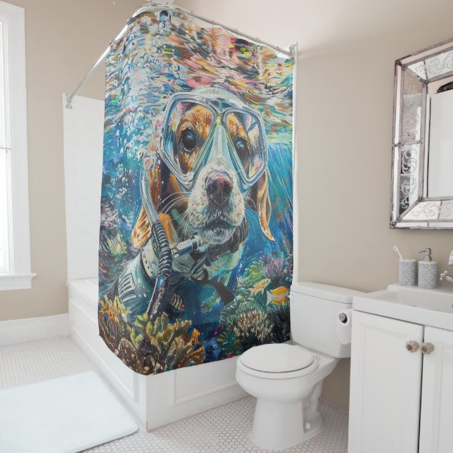 Beagle Dog Scuba Diving Underwater Shower Curtain (In Situ)