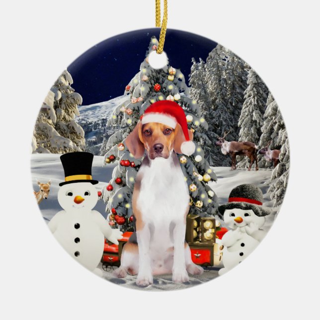 Beagle Dog Sitting On Beach Christmas Hat Ceramic Ornament (Front)