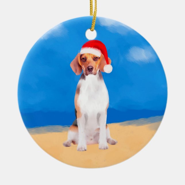 Beagle Dog Sitting On Beach Christmas Hat Ceramic Ornament (Front)