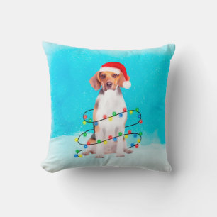Beagle Dog Sitting On Beach Christmas Hat Cushion