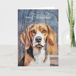 Beagle Dog Snowy Woodland Forest Merry Christmas Holiday Card