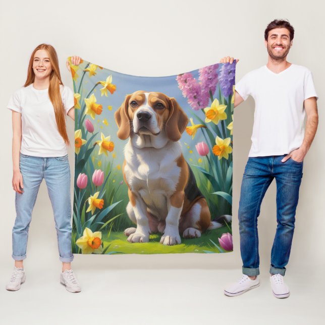 Beagle Dog Spring Flowers Painting  Fleece Blanket (In Situ)