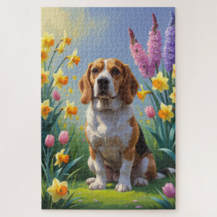Beagle Dog Spring Flowers Painting Jigsaw Puzzle