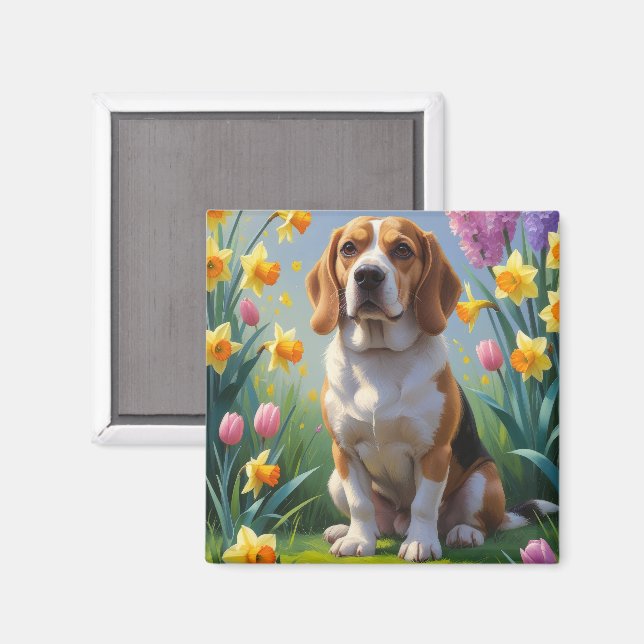 Beagle Dog Spring Flowers Painting  Magnet (Front/Back)