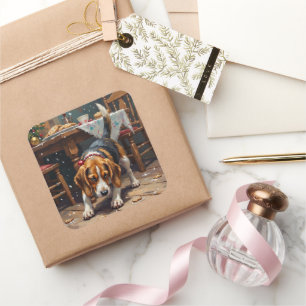 Beagle Dog Tracking Gingerbread Christmas Fun Art Square Sticker