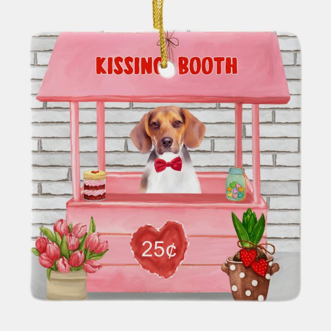 Beagle Dog Valentine's Day Kissing Booth Ceramic Ornament (Front)