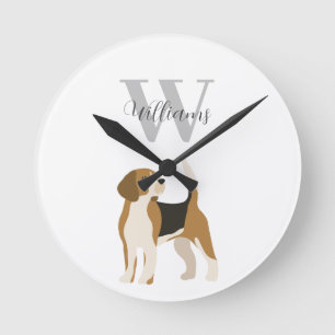 Beagle Dog Watercolor Monogram Name Round Clock