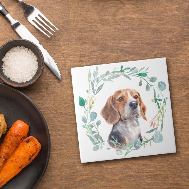 Beagle Dog Watercolor Wreath Ceramic Tile (Creator Uploaded)