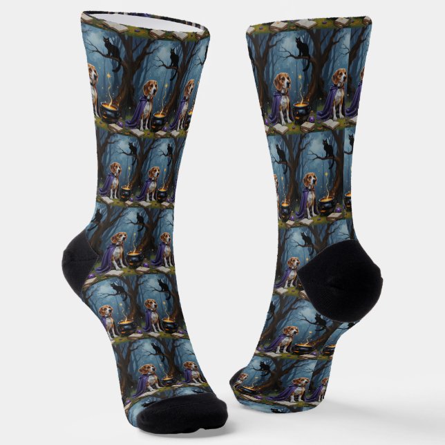 Beagle Dog Whimsical Halloween Painting Socks (Angled)