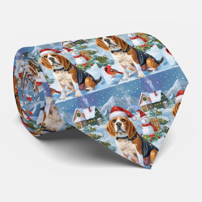 Beagle Dog Winter Wonderland Christmas Joy Tie (Rolled)