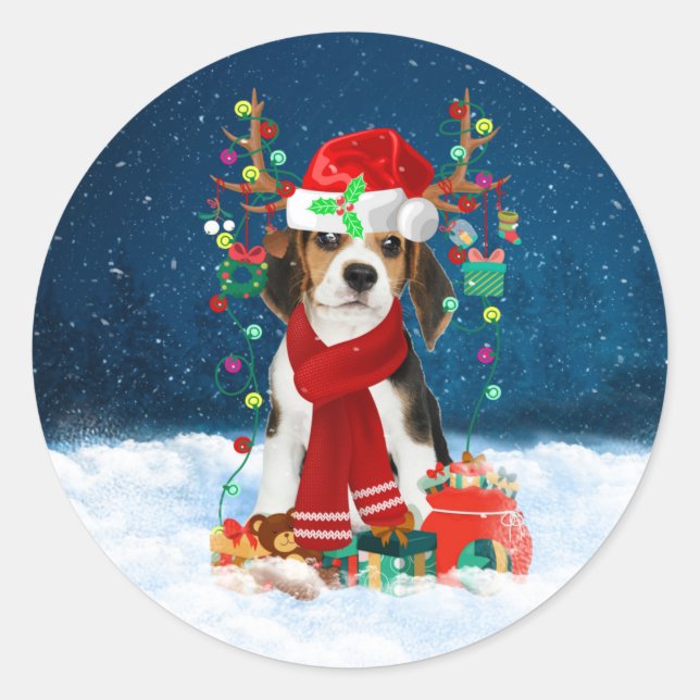 Beagle dog with Christmas gifts  Classic Round Sticker (Front)