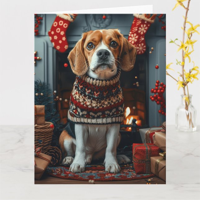 Beagle Dog With Christmas Gifts Fireplace Card (Yellow Flower)