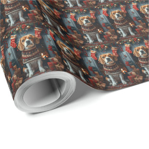 Beagle Dog With Christmas Gifts Fireplace Wrapping Paper