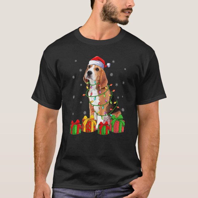 Beagle Dog Xmas Lighting Santa Hat Beagle Christma T-Shirt (Front)