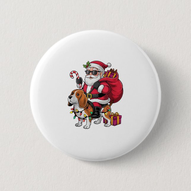 Beagle Dog Xmas Lighting Santa Riding Beagle Chris 6 Cm Round Badge (Front)
