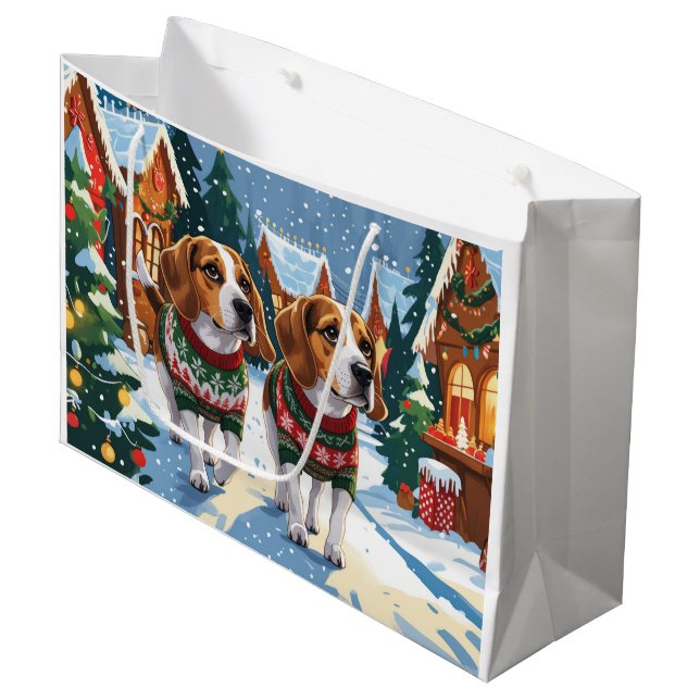 Beagle Dogs Christmas Snow Holiday Large Gift Bag (Front Angled)