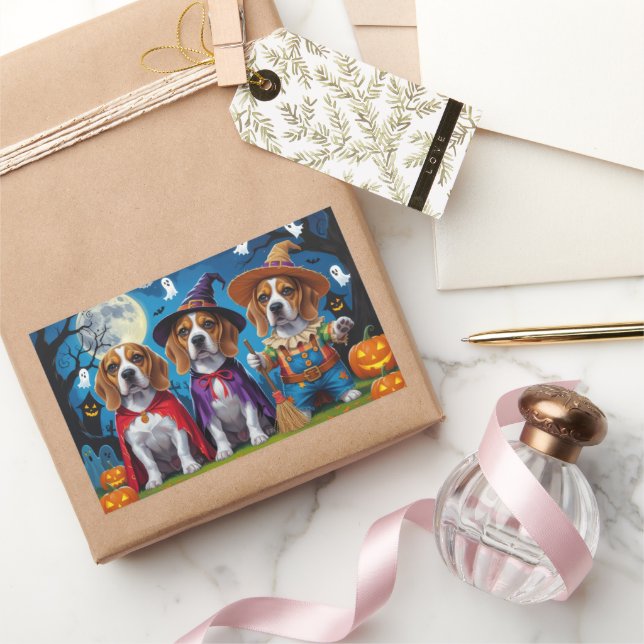 Beagle Dogs Pumpkin Halloween Funny Rectangular Sticker (Gifting)