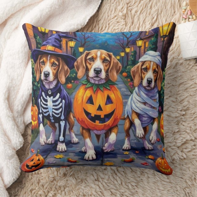 Beagle Dogs Trick-or-Treating in Halloween Costume Cushion (Blanket)