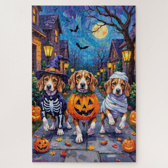 Beagle Dogs Trick-or-Treating in Halloween Costume Jigsaw Puzzle (Vertical)
