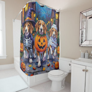 Beagle Dogs Trick-or-Treating in Halloween Costume Shower Curtain