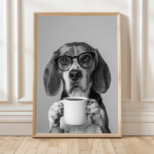Beagle Drinking Coffee Wall Art, Black and White Poster