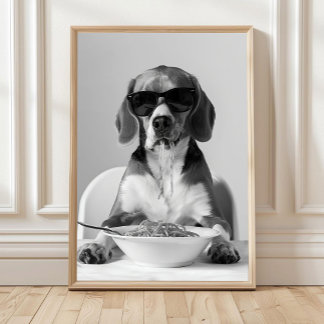 Beagle Eating Pasta Wall Art, Spaghetti Print, Bla Poster