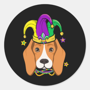 Beagle Face Wearing Mardi Gras Beads Jester Hat Pa Classic Round Sticker