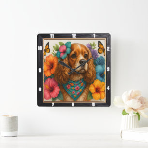 Beagle Floral Butterfly Square Wall Clock