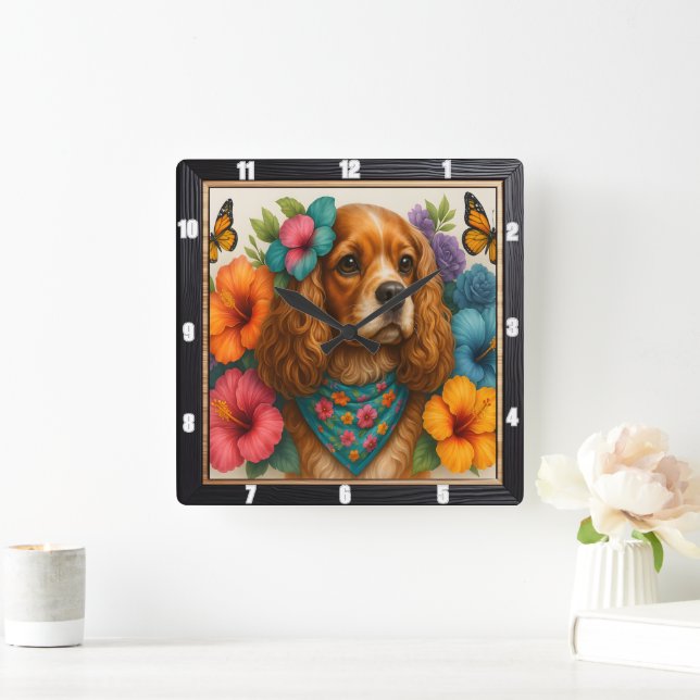 Beagle Floral Butterfly Square Wall Clock (Home)