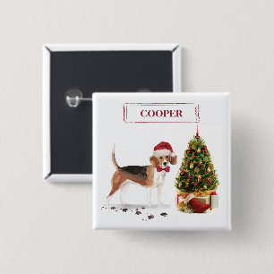 Beagle Funny Christmas Dog with Tree 15 Cm Square Badge