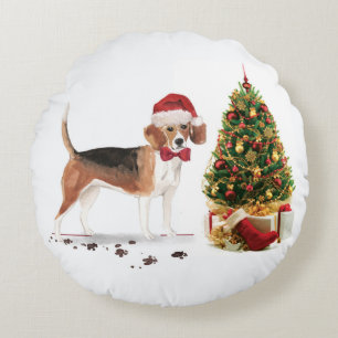 Beagle Funny Christmas Dog with Tree Round Cushion
