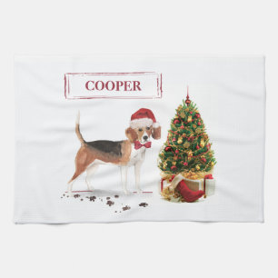 Beagle Funny Christmas Dog with Tree Tea Towel