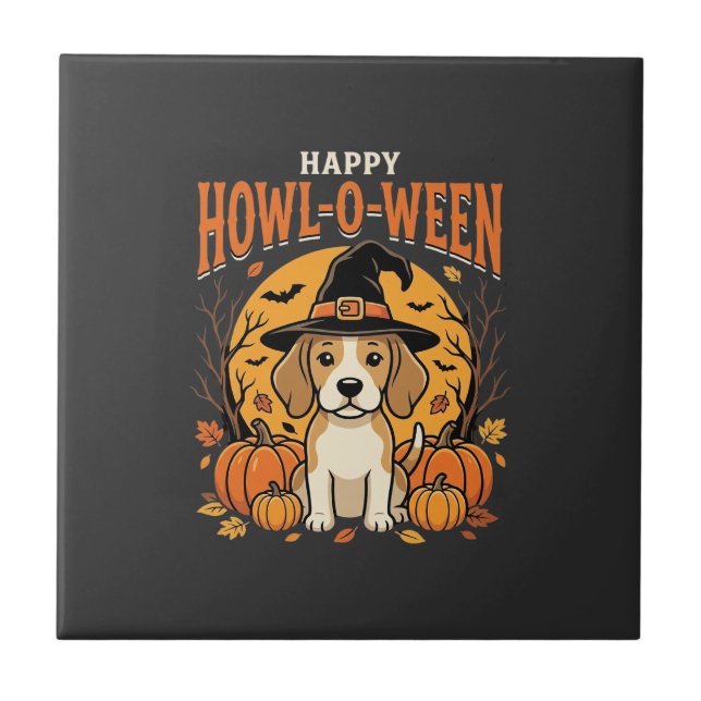 Beagle Halloween Howl-O-Ween Dog Pumpkin Design_1 Ceramic Tile (Front)