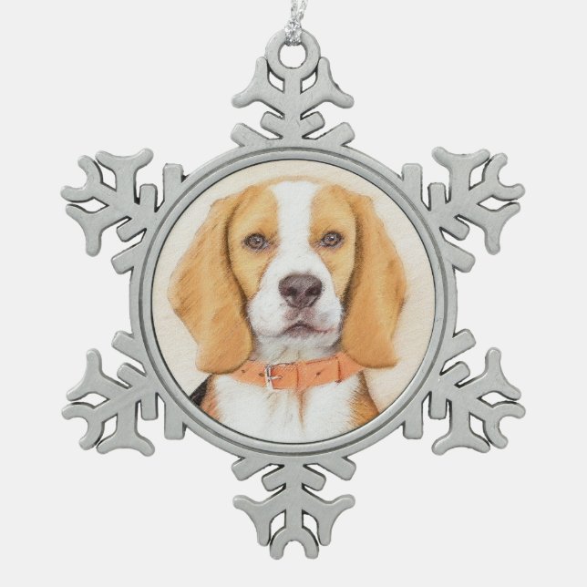 Beagle Hound Dog Painting Original Animal Art Snowflake Pewter Christmas Ornament (Front)