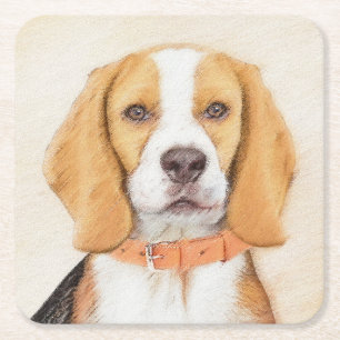 Beagle Hound Dog Painting Original Animal Art Square Paper Coaster