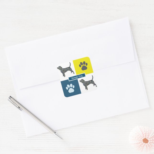 Beagle Hound Dog & Paw Y&B Grid Square Sticker (Envelope)