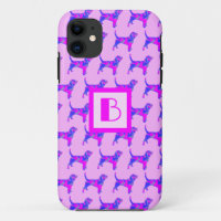 Beagle Hound Dog Pink & Blue Silhouette Monogram