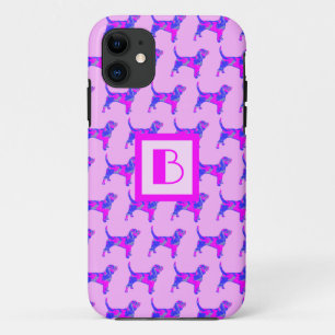 Beagle Hound Dog Pink & Blue Silhouette Monogram iPhone 11 Case