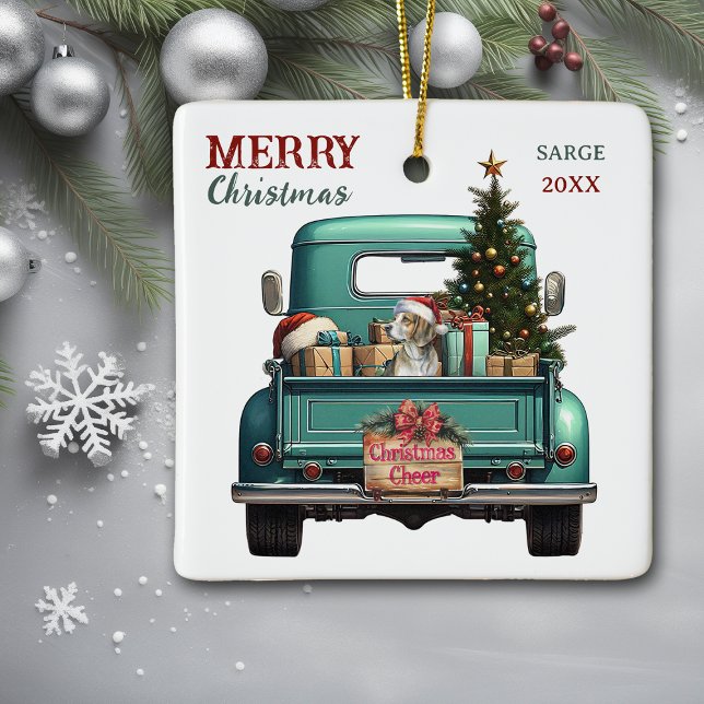 Beagle Hound Dog Retro Truck Christmas Ceramic Ornament (Creator Uploaded)