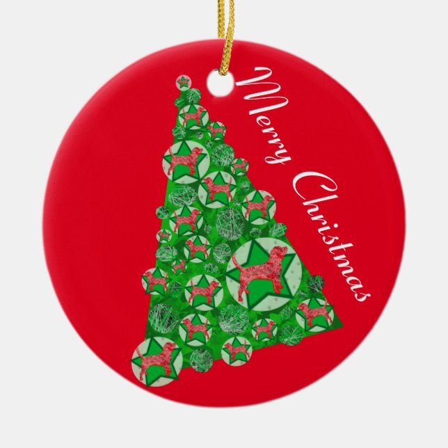 Beagle Hound Dog Silhouette Christmas Tree Red Ceramic Ornament (Front)