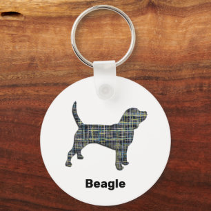 Beagle Hound Dog Silhouette Yellow & White Grid Key Ring