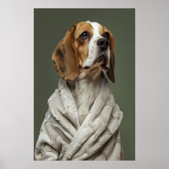 Beagle in Bathrobe Print, Funny Bathroom Dog Art Poster (Front)