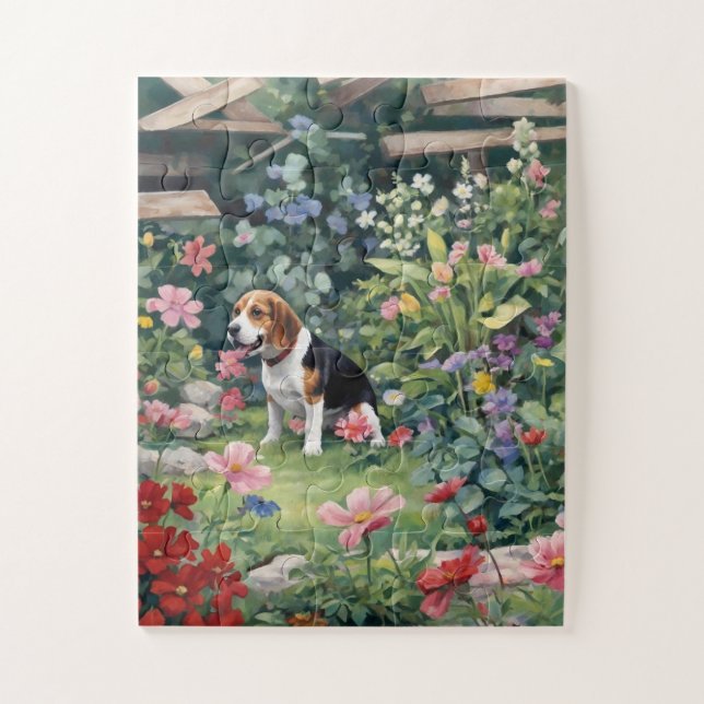 Beagle in Garden floral gift, animal lover Jigsaw Puzzle (Vertical)