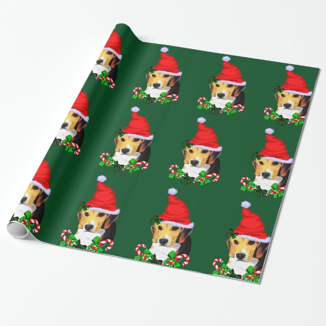 Beagle in Santa Hat Christmas Wrapping Paper (Unrolled)
